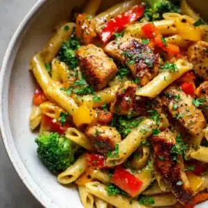 Raw ingredients for honey pepper chicken pasta including penne, diced chicken, broccoli, and red bell peppers.
