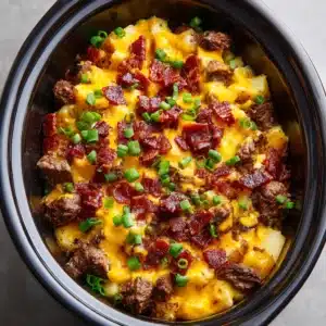 Close-up of thick browned steak bites and soft cubed russet potatoes before adding cheese in a black slow cooker insert.
