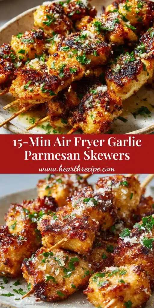 A close up of crispy Air Fryer Garlic Parmesan Chicken threaded onto wooden skewers, resting on a rustic ceramic plate.