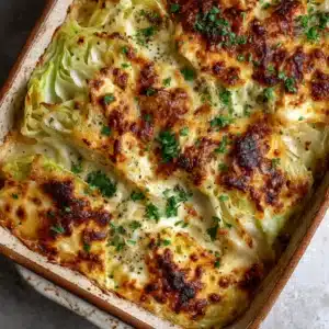 Layers of tender cooked green cabbage wedges smothered in a thick, bubbly, melted golden-brown cheese sauce.