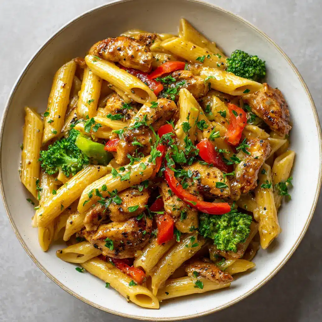 Penne pasta, caramelized chicken, broccoli, and peppers tossed in a glossy semi-translucent golden-brown honey garlic sauce.