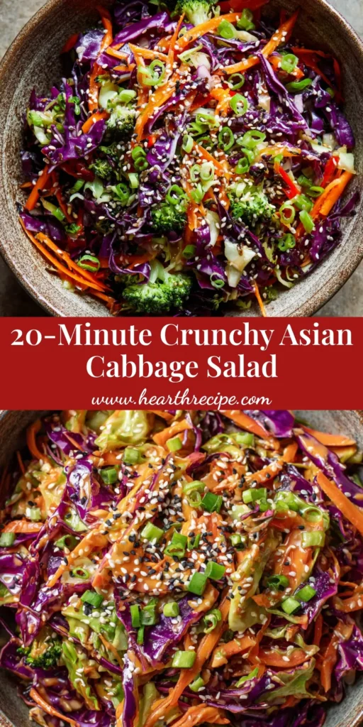 A close-up overhead shot of a vibrant Crunchy Asian Cabbage Salad in a rustic ceramic bowl, heavily coated in glossy sesame-ginger dressing with sesame seeds.