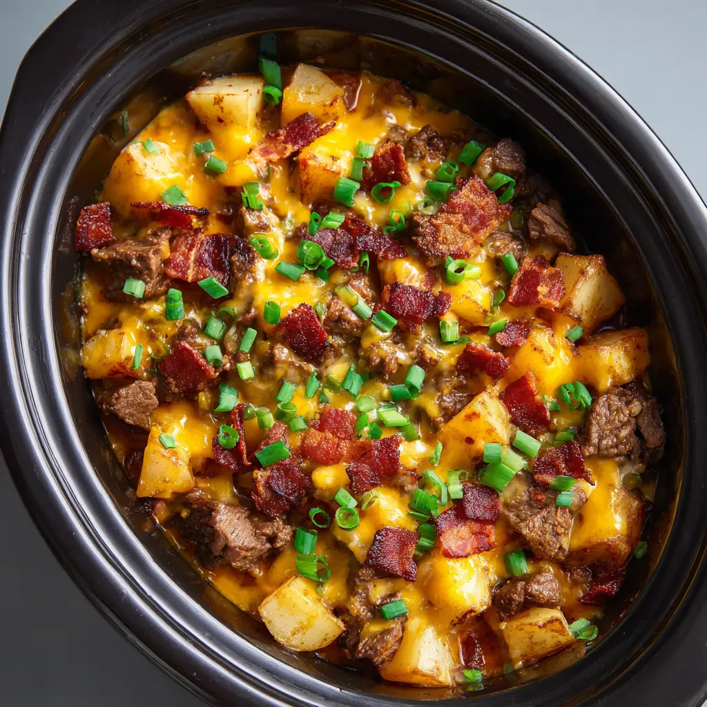 Close-up view of melted glossy yellow cheddar cheese over a loaded steak and potato bake with bacon and green scallions.