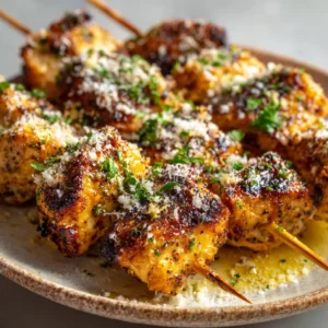 Raw chicken chunks seasoned and threaded onto wooden skewers alongside fresh parsley, garlic, butter, and grated parmesan cheese.