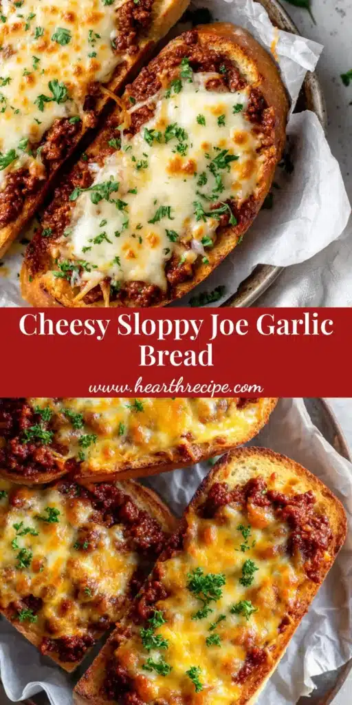 Cheesy Sloppy Joe Garlic Bread: The Ultimate Easy Dinner 3 A close-up overhead shot of cheesy sloppy joe garlic bread with cascading mozzarella and cheddar cheese garnished with parsley.