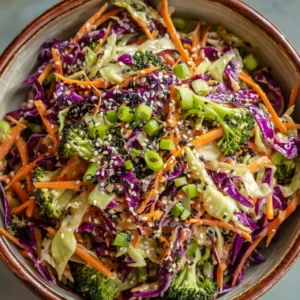 Finely shredded purple and pale green cabbage intertwined with bright orange julienned carrots and small crisp green broccoli florets.