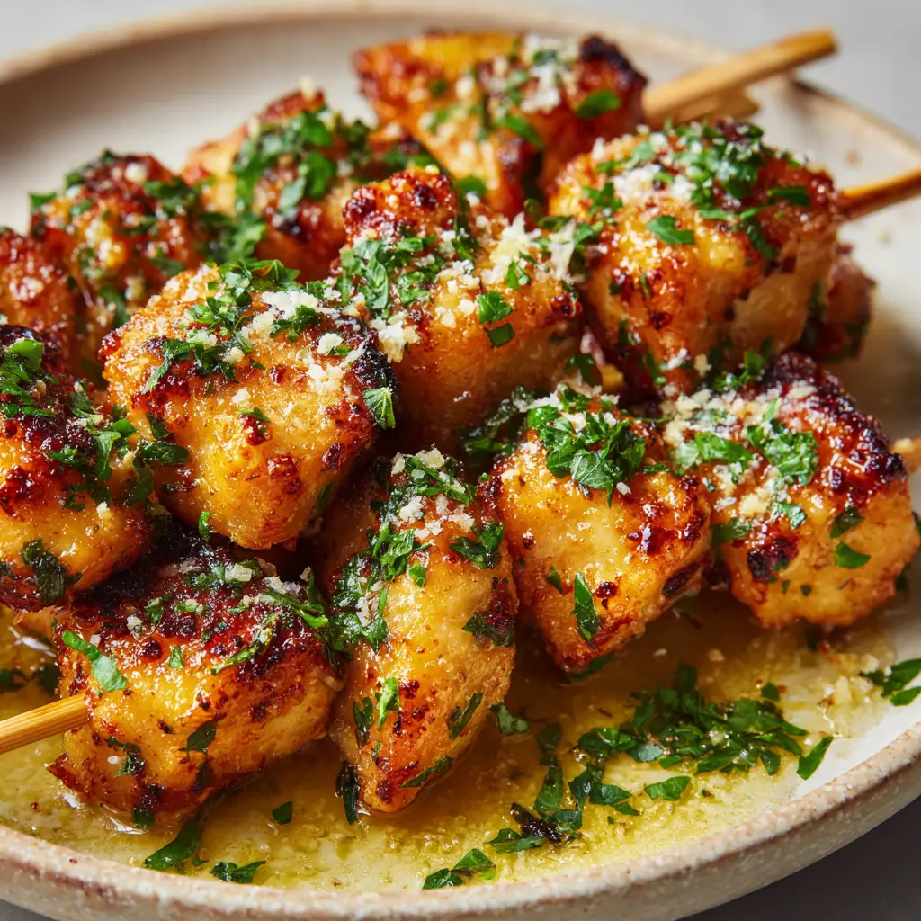 Golden-brown air-fried chicken chunks on wooden skewers heavily sprinkled with finely grated parmesan cheese and fresh green parsley.