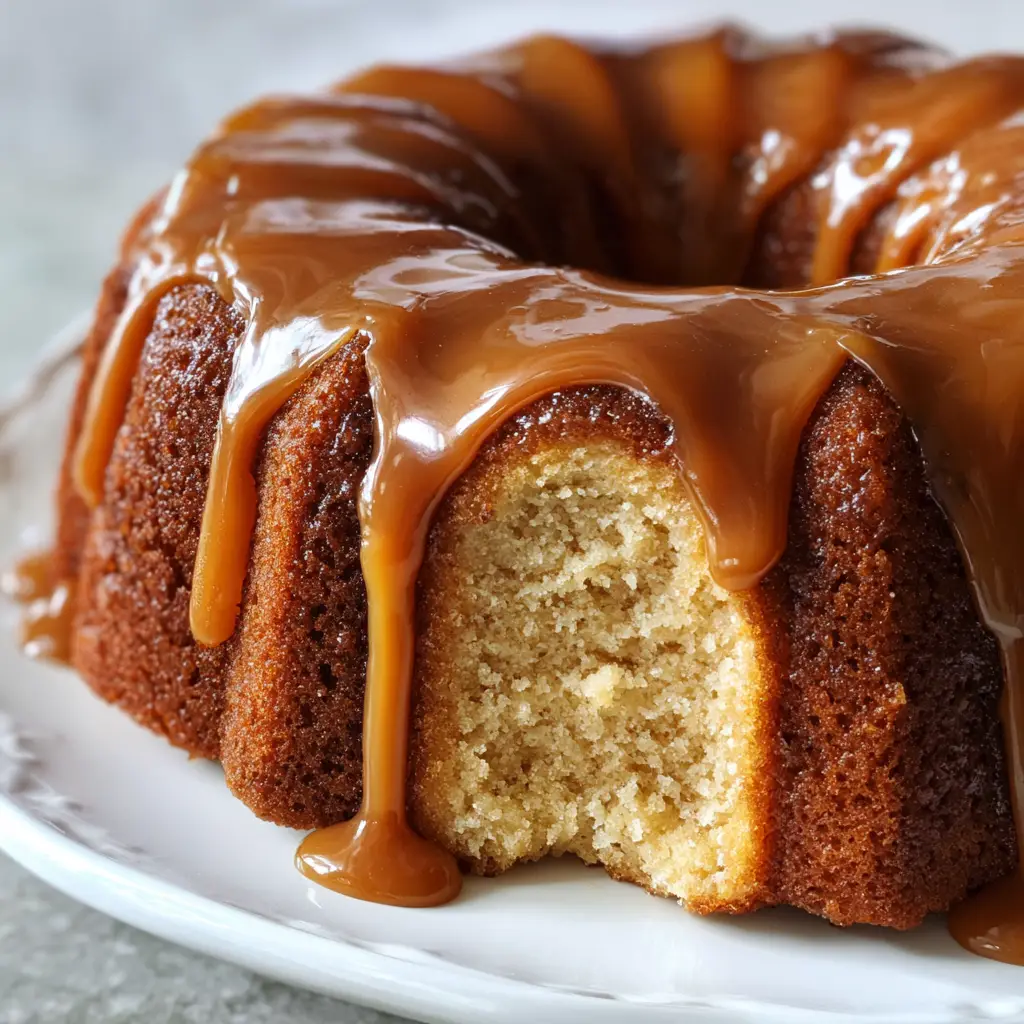 Best Brown Sugar Caramel Pound Cake Recipe 1 Thick, opaque amber brown sugar caramel glaze cascading down the fluted sides of a baked golden brown bundt pound cake.