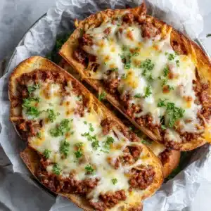 Ingredients for cheesy sloppy joe garlic bread including French bread, ground beef, ketchup, mozzarella, cheddar, and parsley on a rustic surface.