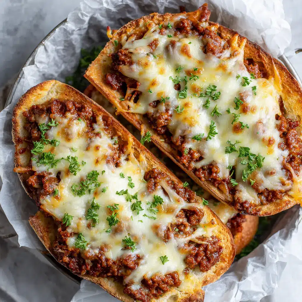 Cheesy Sloppy Joe Garlic Bread: The Ultimate Easy Dinner 2 Ingredients for cheesy sloppy joe garlic bread including French bread, ground beef, ketchup, mozzarella, cheddar, and parsley on a rustic surface.