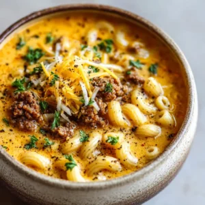 A rustic bowl of cheeseburger macaroni soup garnished with fresh green parsley and coarse black pepper flakes in soft natural daylight.