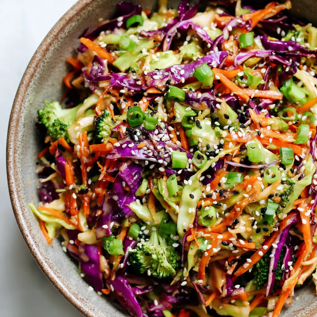 Crunchy Asian Cabbage Salad heavily coated in a glossy golden-brown sesame-ginger dressing and garnished with fresh green onions and sesame seeds.