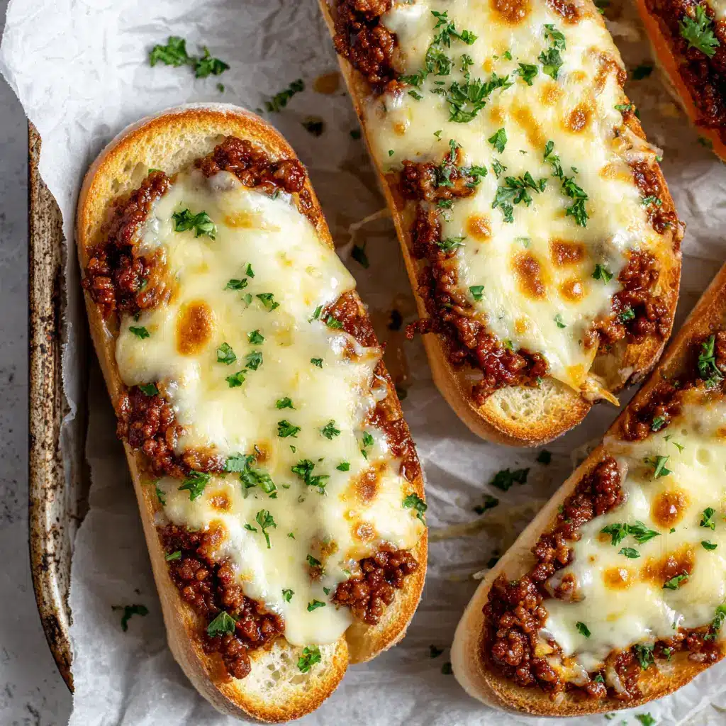 Cheesy Sloppy Joe Garlic Bread: The Ultimate Easy Dinner 1 Halved French bread with crispy toasted golden-brown edges topped with thick savory red-brown ground beef sloppy joe mixture.