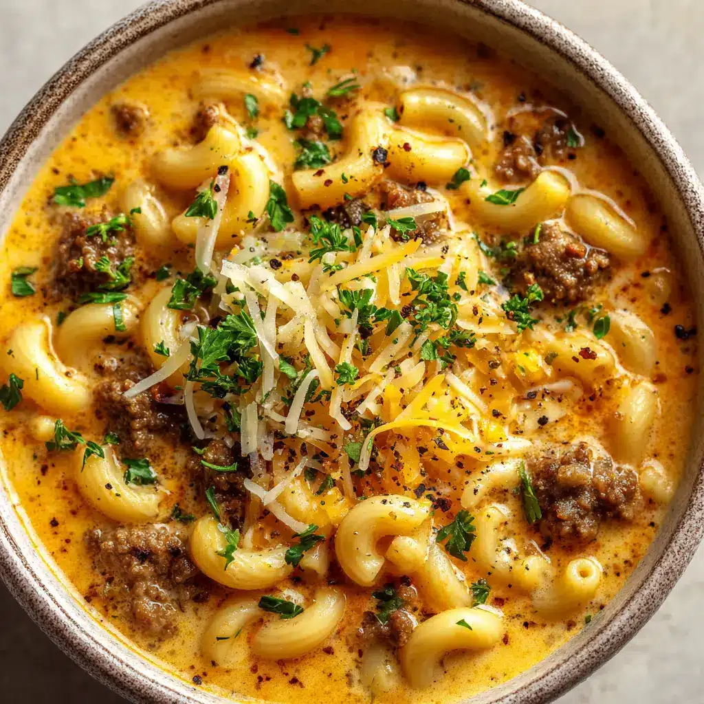 Spoon lifting deeply browned crumbly ground beef and elbow macaroni from a bowl of creamy cheese soup.