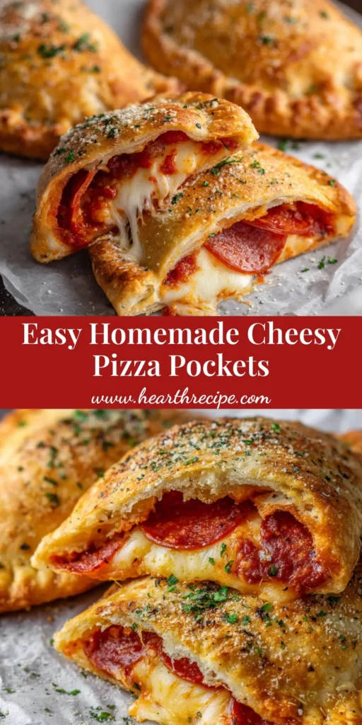 Close-up of freshly baked homemade pizza pockets cut in half on a dark metal baking sheet, showing gooey stringy melted mozzarella cheese and pepperoni.