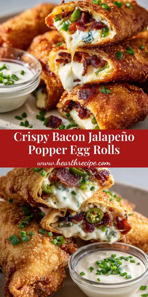 A stack of freshly fried Bacon Jalapeño Popper Egg Rolls cut diagonally, revealing gooey melted cream cheese, green jalapeños, and crispy bacon next to a ramekin of chive-topped ranch.
