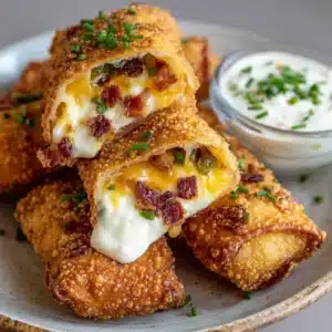 Close up of Bacon Jalapeño Popper Egg Rolls halves stacked on a rustic white plate with creamy ranch dipping sauce.