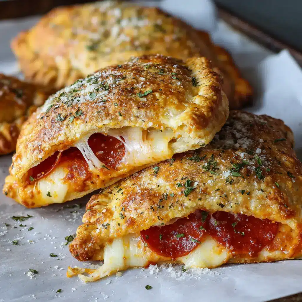 A freshly baked homemade pizza pocket coated in a glossy egg wash finish, sprinkled with dried parsley flakes and grated parmesan cheese.