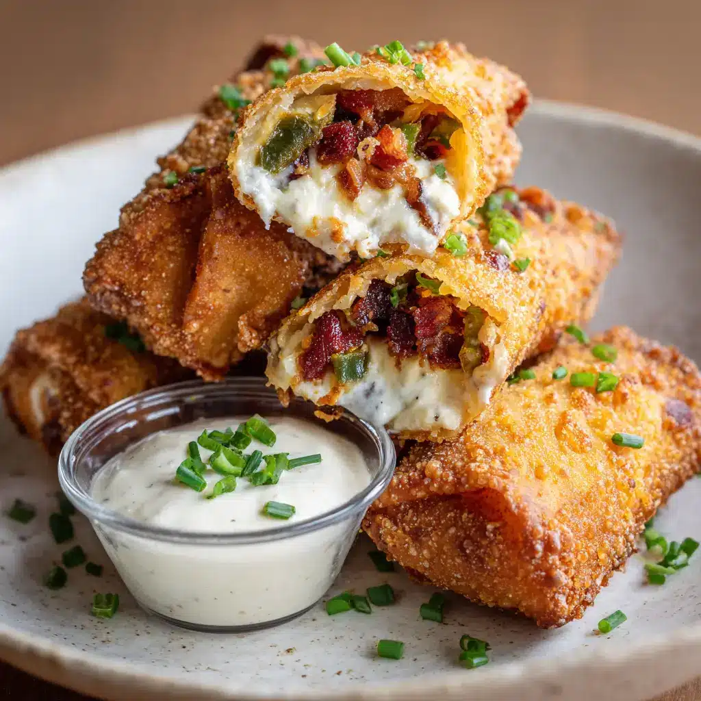 Detailed shot of thick melted white cream cheese filling with green diced jalapeños and dark red bacon inside a blistered golden egg roll crust.