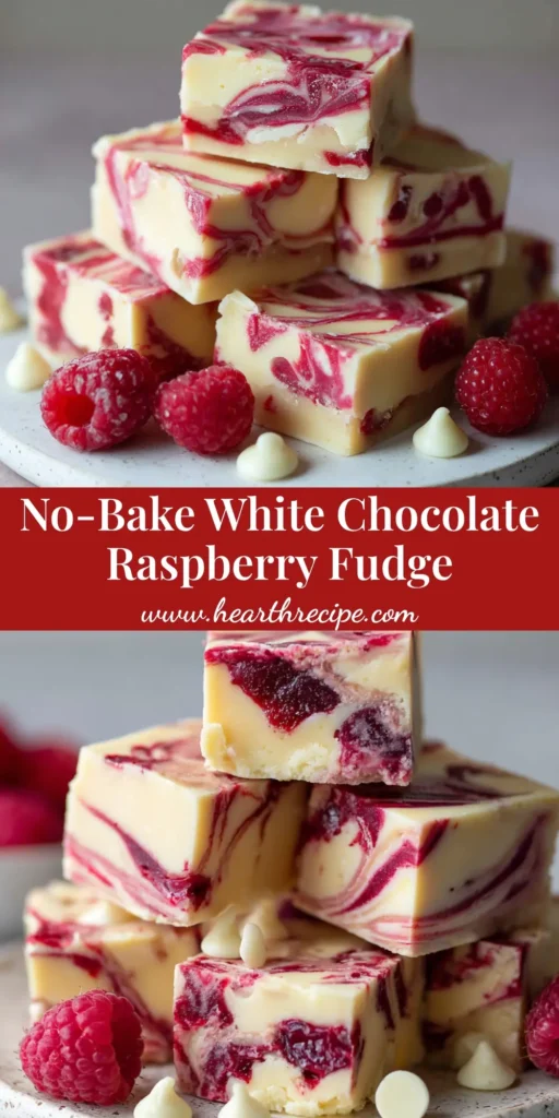 A stack of square cut white chocolate fudge pieces beautifully marbled with thick swirls of bright magenta raspberry puree.