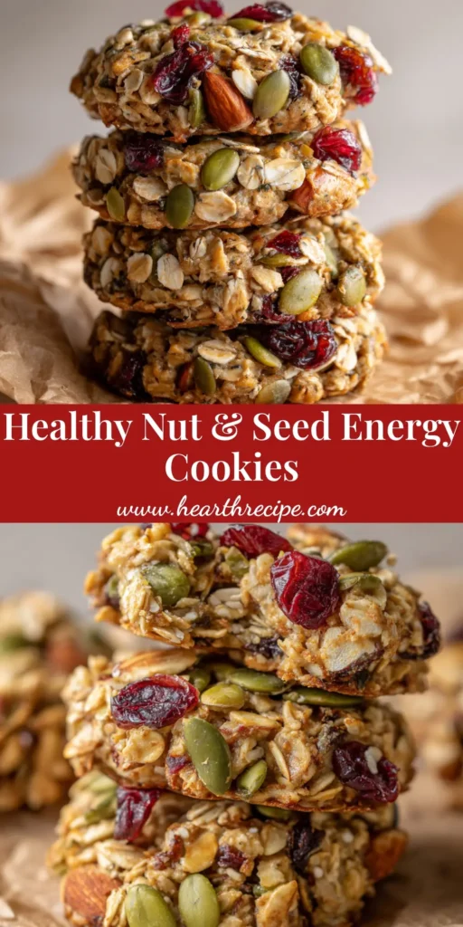 Healthy Nut and Seed Cookies 4 A close-up of thick, rustic Healthy Nut and Seed Cookies resting on crinkled brown parchment paper, loaded with whole oats, pumpkin seeds, sliced almonds, dried cranberries, and flax seeds.