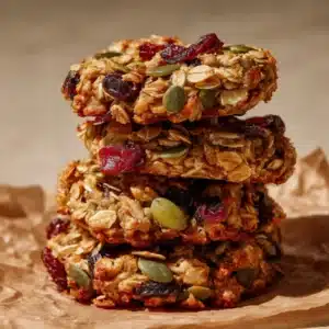 Ingredients for Healthy Nut and Seed Cookies including rolled oats, green pumpkin seeds, dried cranberries, sliced almonds, and golden flax seeds.