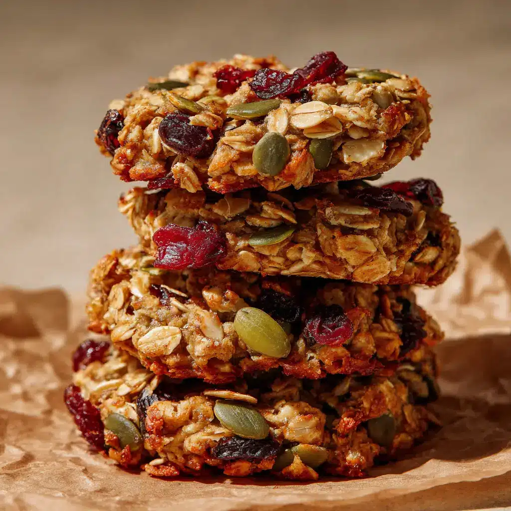 Healthy Nut and Seed Cookies 2 Ingredients for Healthy Nut and Seed Cookies including rolled oats, green pumpkin seeds, dried cranberries, sliced almonds, and golden flax seeds.