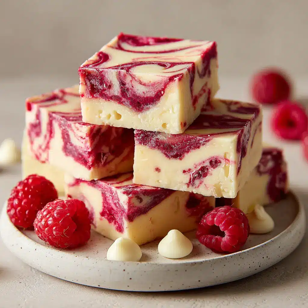 Thick glossy red berry jam rippled throughout the center and top layer of white chocolate fudge.