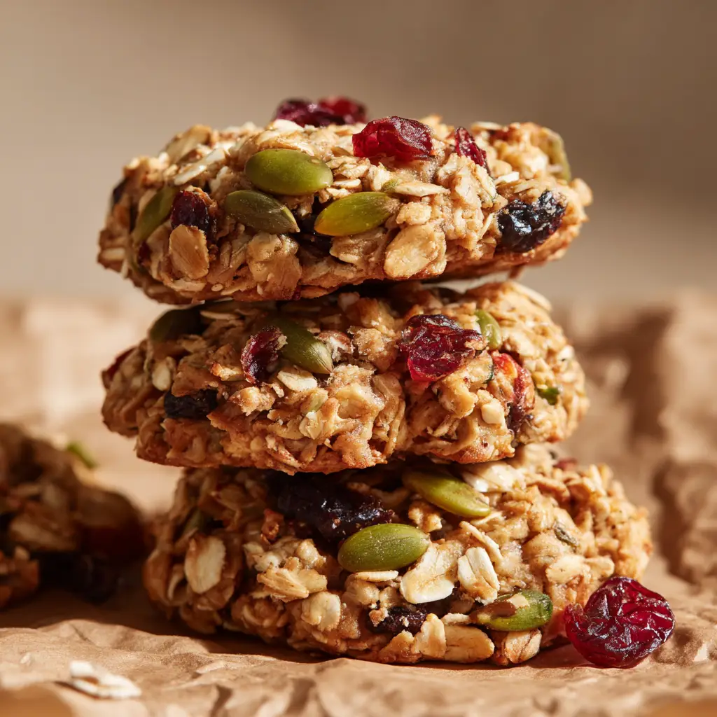 Healthy Nut and Seed Cookies 1 A stack of densely packed Healthy Nut and Seed Cookies showing a chunky texture and a light golden-brown baked finish.