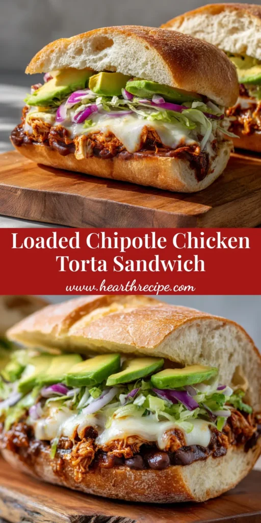 The Ultimate Mexican Chicken Torta Sandwich 4 A halved Mexican Chicken Torta Sandwich resting on a rustic wooden cutting board, layered with refried beans, smoky chipotle chicken, melted white cheese, avocado, lettuce, and red onions.