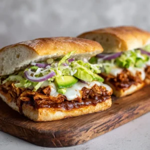 Close-up of freshly prepared ingredients for a Chicken Torta Sandwich including toasted telera rolls, shredded chicken in red sauce, refried beans, and fresh avocado.