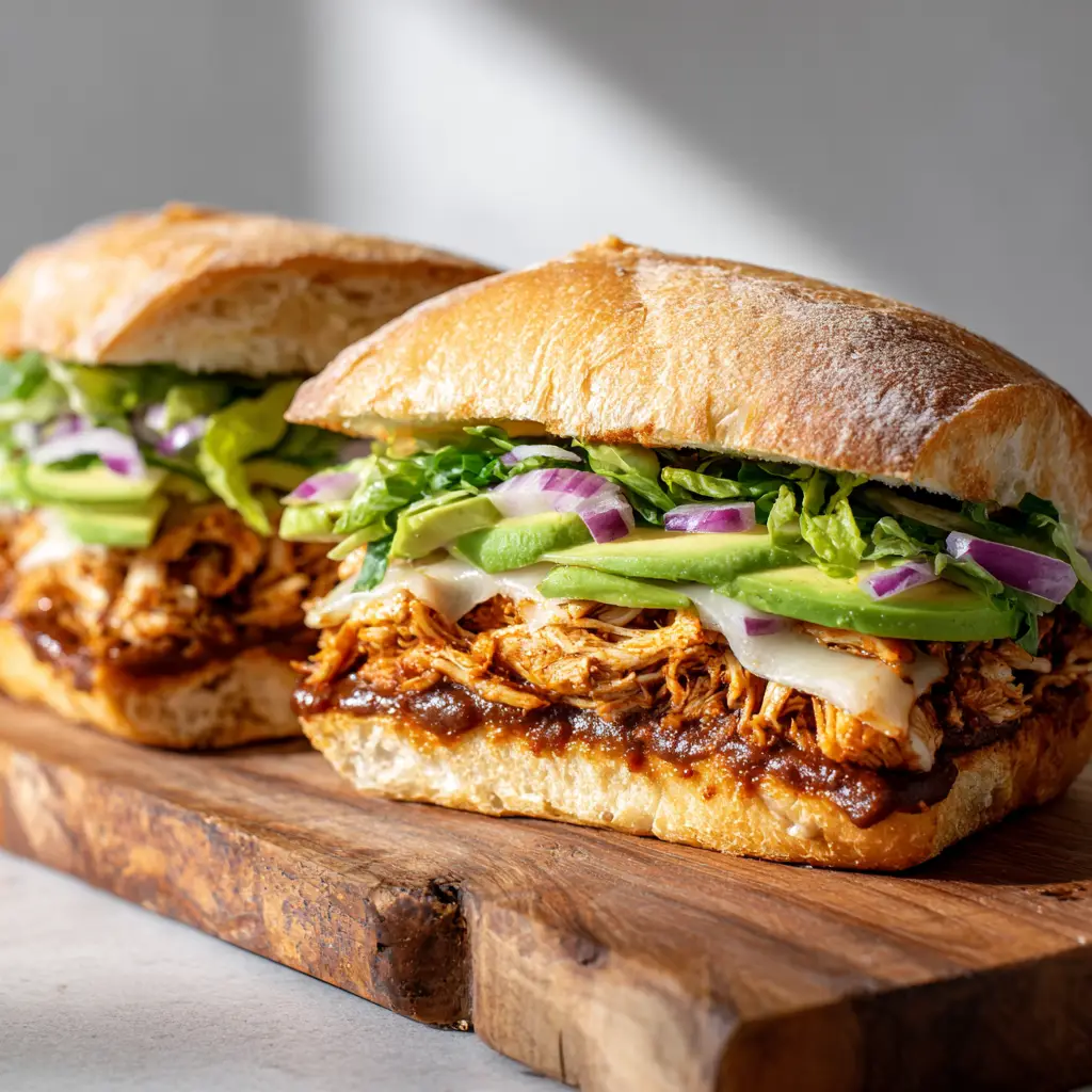 The Ultimate Mexican Chicken Torta Sandwich 1 Juicy shredded smoky chipotle chicken coated in a rich reddish-brown sauce topped with gooey melted white cheese inside a Chicken Torta Sandwich.