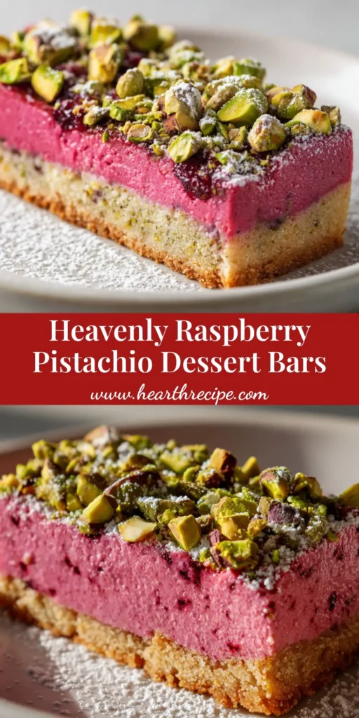 A close-up of rectangular Raspberry Pistachio Bars showing a golden crumbly crust, bright pink creamy filling, and roasted green pistachios dusted with powdered sugar.