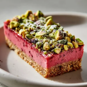 Raw ingredients for Raspberry Pistachio Bars including butter, raspberries, fresh pistachios, and flour on a counter.