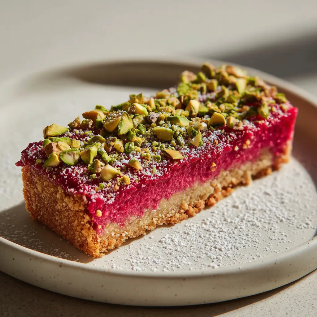 A Raspberry Pistachio Bar sitting elegantly on a minimalist white ceramic plate in natural daylight.