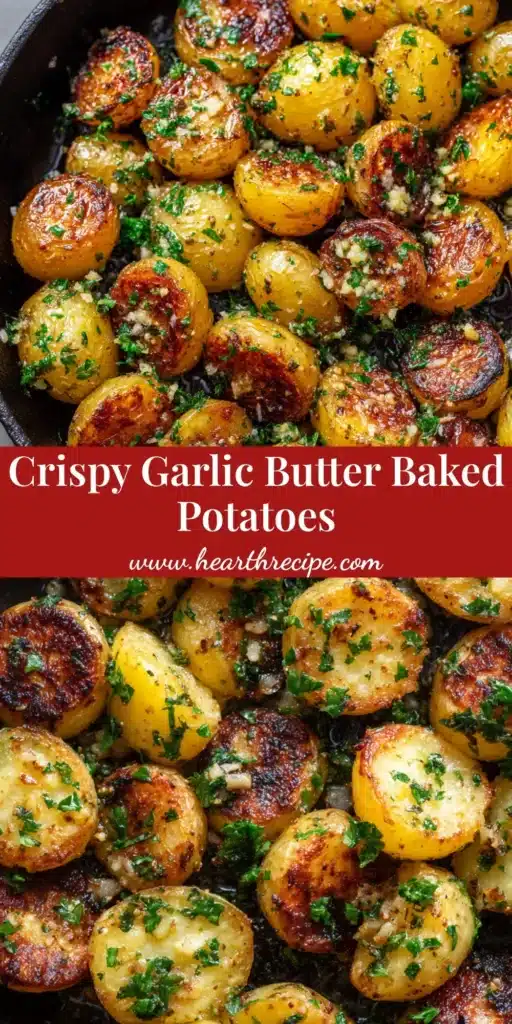 Baked Garlic Butter Potatoes: Crispy & Tender 3 A close-up, overhead view of roasted halved baby yellow potatoes in a dark cast iron baking skillet glistening with melted butter and parsley. (Baked Garlic Butter Potatoes)