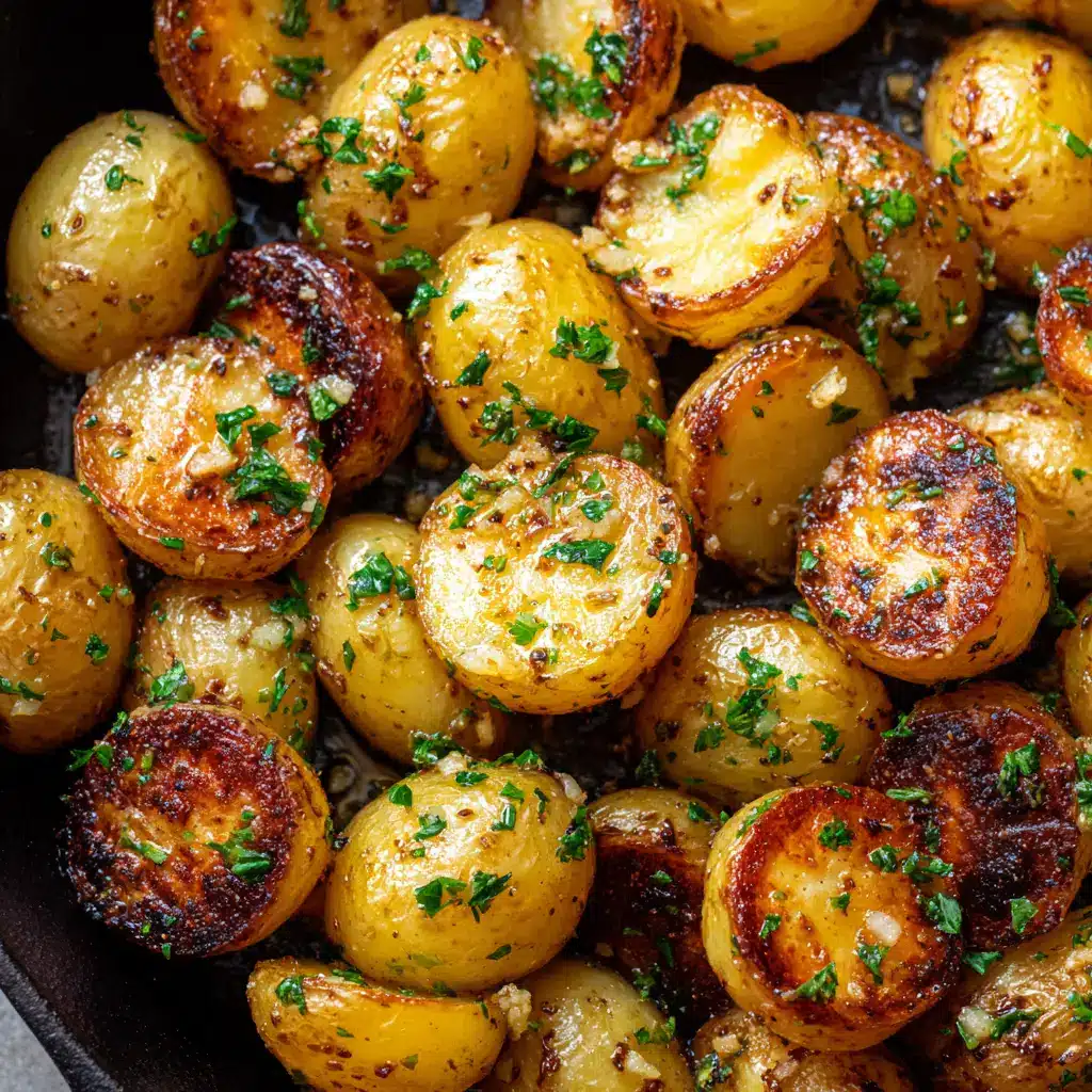 Baked Garlic Butter Potatoes: Crispy & Tender 2 Halved baby yellow potatoes with crispy golden-brown blistered edges coated in melted garlic butter. (Baked Garlic Butter Potatoes)