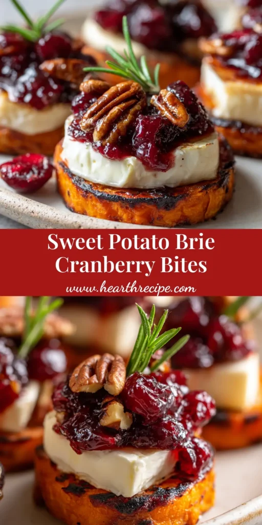 A close up photo of an appetizer bite. The base is a thick, roasted orange sweet potato round with slightly charred edges. On top is a wedge of soft, slightly melted creamy white brie cheese. Above the cheese is a spoonful of glossy, dark red cooked cranberry sauce with visible whole berries. Scattered on the cranberry sauce are small, irregular chunks of roasted brown pecans. A single tiny fresh green rosemary leaf rests on the very top. Served on an off-white ceramic plate.