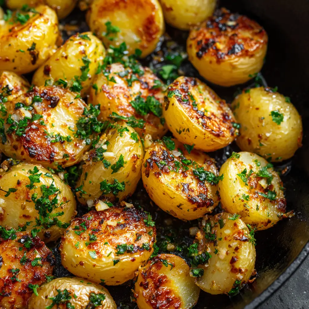 Baked Garlic Butter Potatoes: Crispy & Tender 1 Overhead view of hot baked garlic butter potatoes speckled with roasted minced garlic and fresh green parsley flakes.