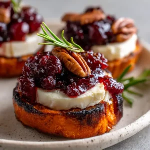 Close up of a thick roasted orange sweet potato round topped with melted brie, glossy whole-berry cranberry sauce, roasted pecans, and a fresh rosemary leaf.
