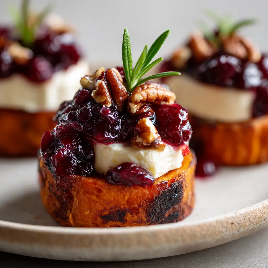 A beautifully plated Sweet Potato Appetizer Bite sitting on an off-white ceramic plate in soft natural daylight.