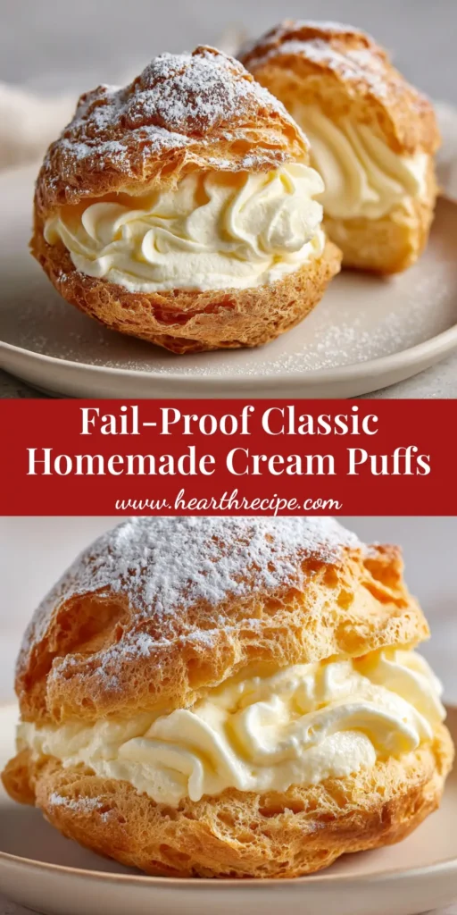 Perfect Classic Cream Puffs (Choux Pastry & Vanilla Cream) 3 A close up of a classic cream puff sliced in half horizontally, revealing a thick swirl of vanilla pastry cream inside a baked golden brown choux shell.