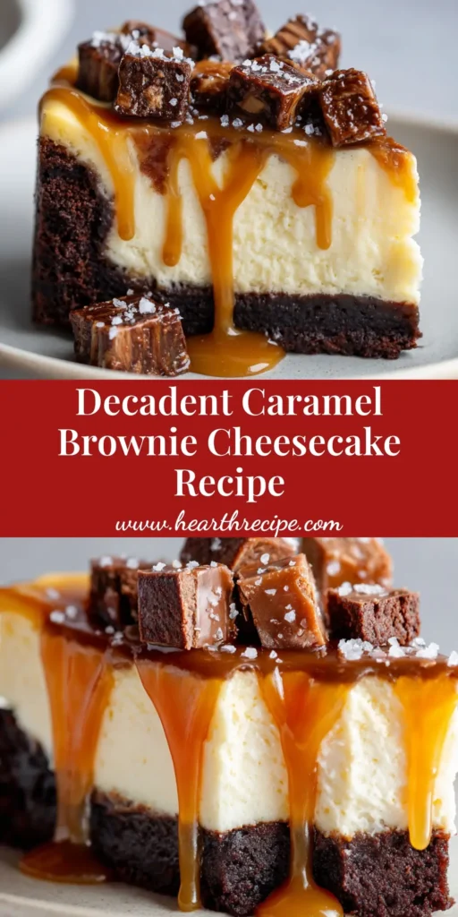 A decadent slice of Caramel Brownie Cheesecake featuring a fudgy dark brownie crust, smooth white cheesecake, and glossy amber caramel drizzle on a white plate.