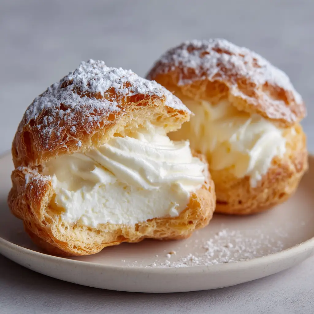Perfect Classic Cream Puffs (Choux Pastry & Vanilla Cream) 2 Close up shot of a classic cream puff revealing a thick swirl of velvety vanilla pastry cream with a golden brown crust.