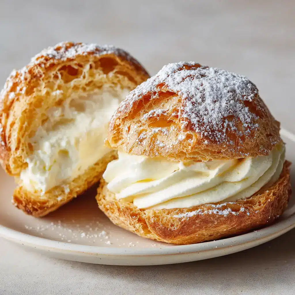 Perfect Classic Cream Puffs (Choux Pastry & Vanilla Cream) 1 A halved classic cream puff filled with vanilla cream on a white ceramic plate, dusted with powdered sugar.