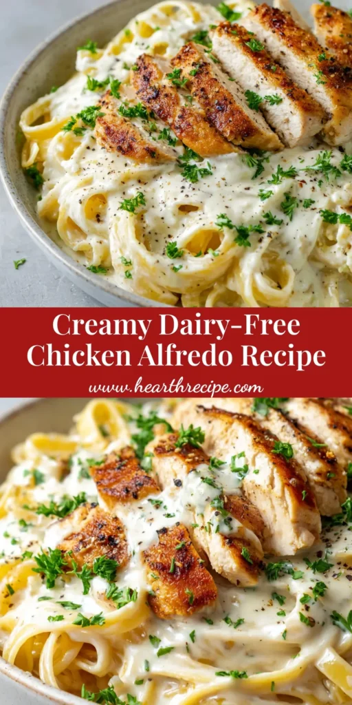 The Best Creamy Dairy Free Chicken Alfredo 3 A close-up of a plate of creamy dairy-free chicken alfredo pasta in a rustic white ceramic bowl, garnished with parsley and cracked black pepper.