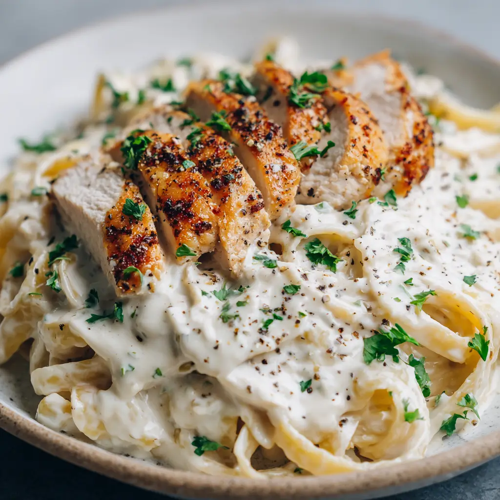The Best Creamy Dairy Free Chicken Alfredo 2 Raw ingredients for Dairy Free Chicken Alfredo including fettuccine noodles, chicken breasts, oat milk, and fresh parsley.