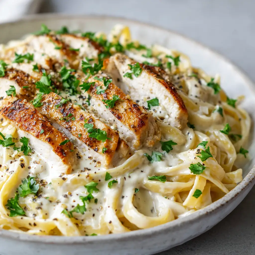 The Best Creamy Dairy Free Chicken Alfredo 1 Thick fettuccine noodles thoroughly coated in a glossy, velvety white cream sauce topped with sliced chicken breast.