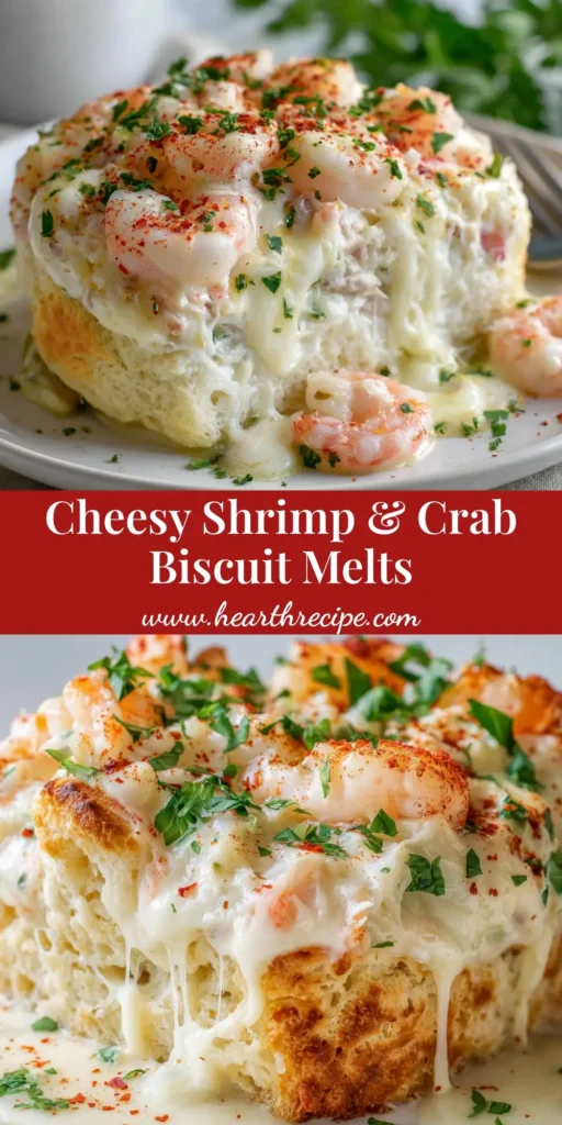 Shrimp and Crab Biscuit Melts 4 A close-up of open-faced Shrimp and Crab Biscuit Melts featuring a thick, bubbling cheese layer, pink shrimp, and a dusting of paprika on a white ceramic plate.