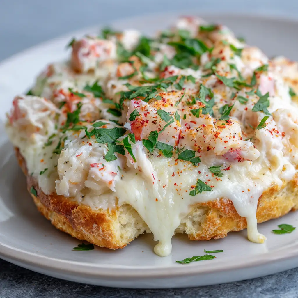 Shrimp and Crab Biscuit Melts 2 Close up of an open-faced flaky golden baked biscuit base topped with a thick layer of creamy white melted mozzarella and cream cheese blend, packed with visible tender pink cooked shrimp chunks and delicate white shredded crab meat.